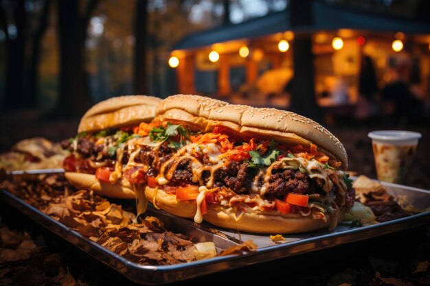 Foto un hamburger con salsa speciale in un camion di cibo in un parco ia generativa