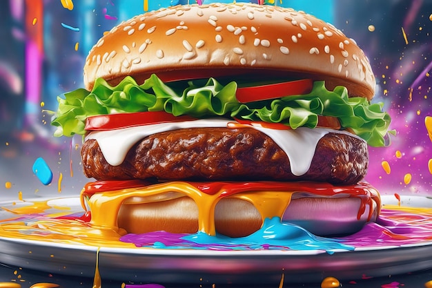 a hamburger with a splash of paint on it