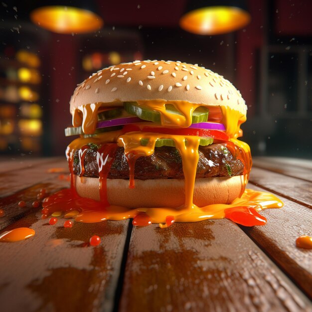 Photo hamburger with splashing ketchup isolated on black background