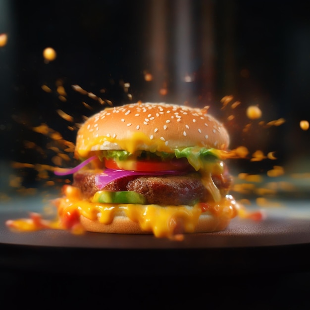 Photo hamburger with splashing ketchup isolated on black background