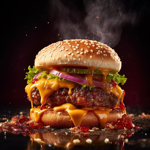 Photo hamburger with splashing ketchup isolated on black background