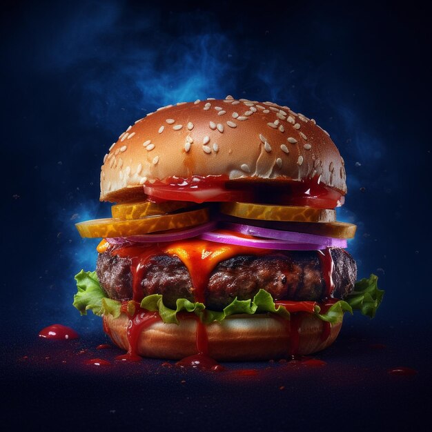 Photo hamburger with splashing ketchup isolated on black background