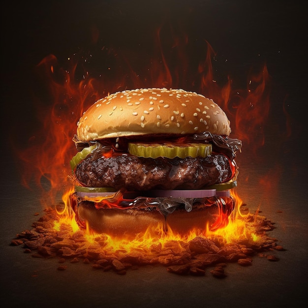 Hamburger with splashing ketchup isolated on black background
