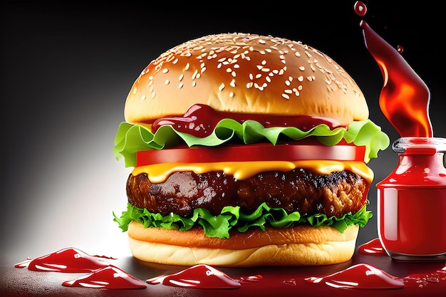 Photo hamburger with splashing ketchup isolated on black background