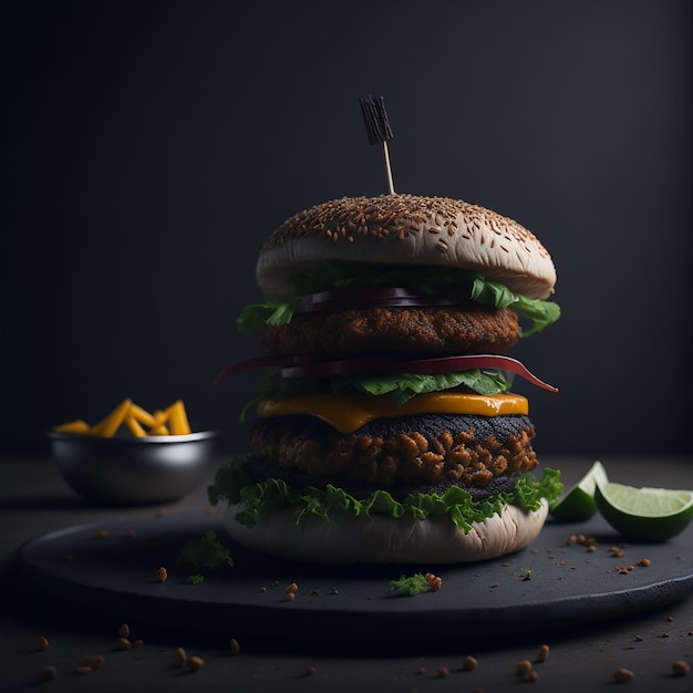 A hamburger with a sticker on it and a bowl of limes on the side.