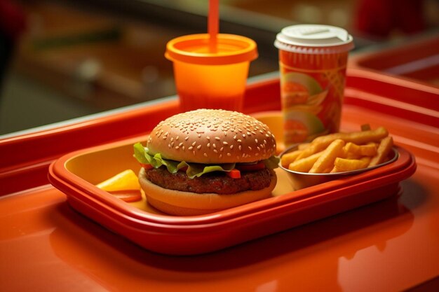 a hamburger with a straw in the background and a cup of coffee.