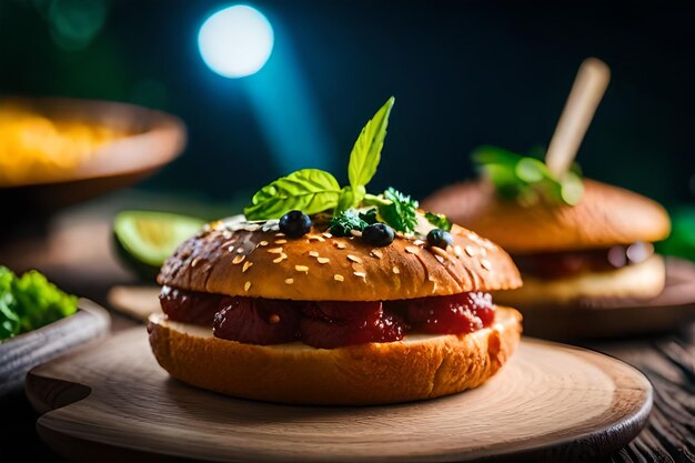 A hamburger with a straw in the middle