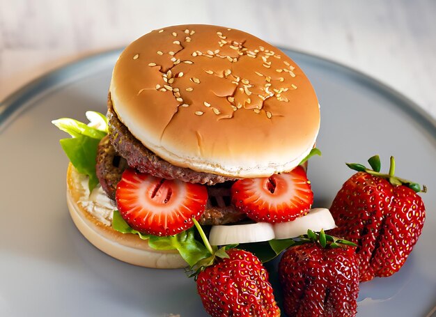 A hamburger with strawberries and strawberries on a plate