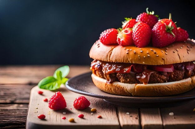 a hamburger with strawberries on a wooden table and a black background