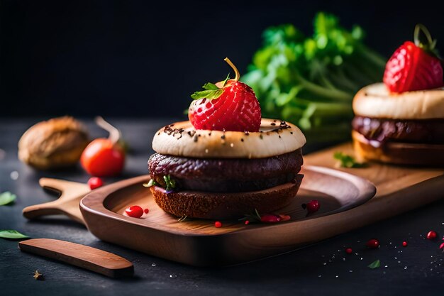 Photo a hamburger with a strawberry on it sits on a cutting board with a strawberry on it