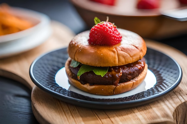 a hamburger with a strawberry on the top