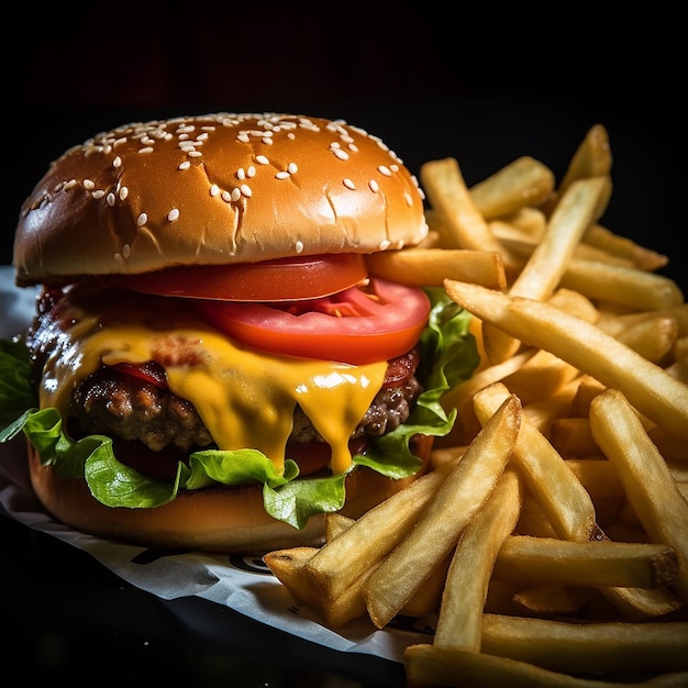 a hamburger with a tomato and cheese on it