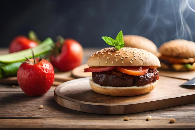 A hamburger with a tomato and cheese on it