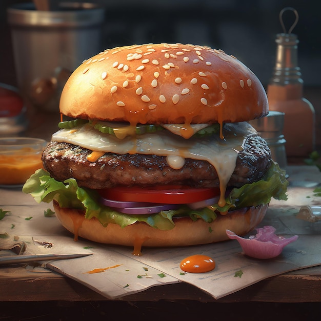 A hamburger with a tomato on it and a bottle of sauce on the table.