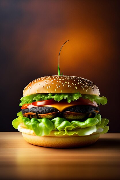 A hamburger with a tomato on it and a brown background