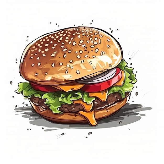 A hamburger with a tomato on it is drawn on a white background.