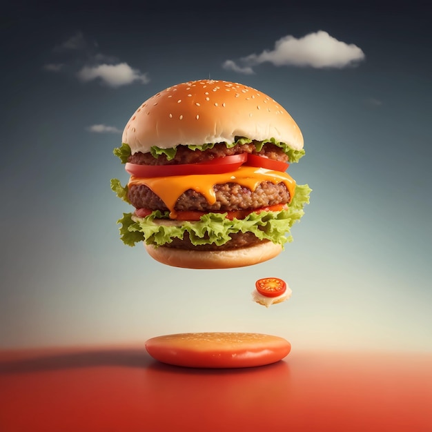 a hamburger with a tomato on it is upside down.