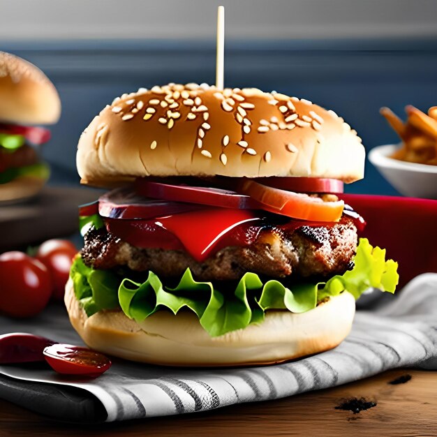 A hamburger with tomato on it and a ketchup on the top.