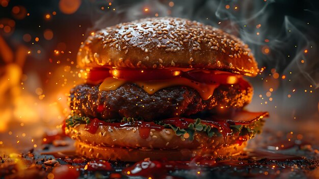 Foto un hamburger con un pomodoro su di esso si siede su un tavolo