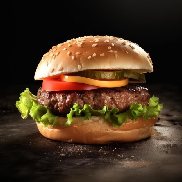 A hamburger with a tomato and lettuce on it