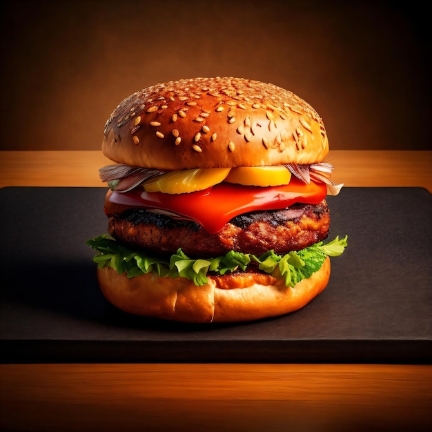 A hamburger with tomato, lettuce, and tomato on a black plate.