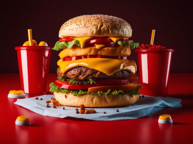 A hamburger with tomato sauce and Drinks