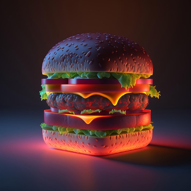 A hamburger with tomato sauce on it in a dark room