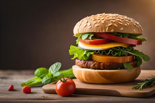 a hamburger with a tomato on the top of it