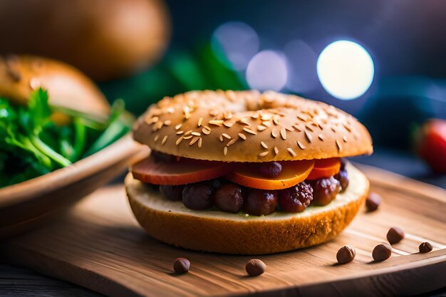 A hamburger with tomatoes and cucumbers on it