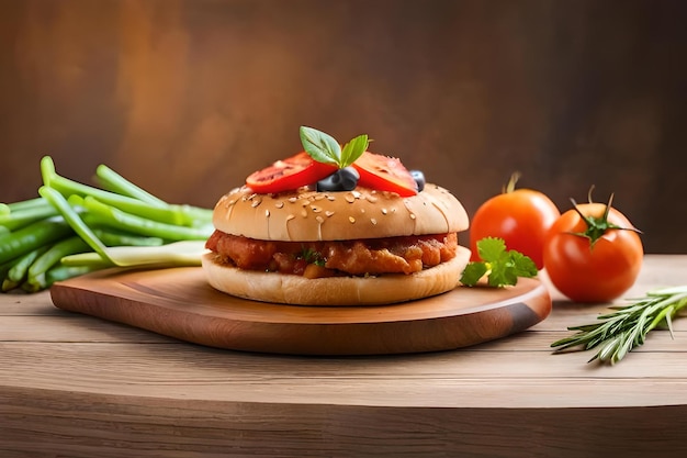 A hamburger with tomatoes, lettuce, and tomatoes on a cutting board.