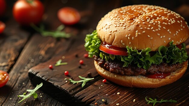 Photo a hamburger with tomatoes and lettuce on a wooden table