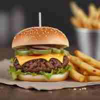 Photo a hamburger with a toothpick on it sits next to a pile of fries