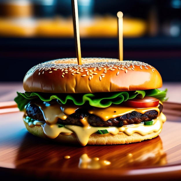 A hamburger with a toothpick on it and a tomato on the top.