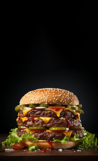 hamburger with vegetables on black background