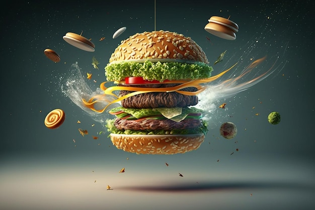 A hamburger with the words fast food