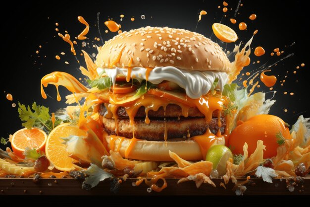 Photo hamburger with yellow cheese splash