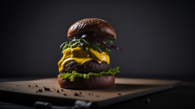 Photo hamburger on a wooden board on a black background