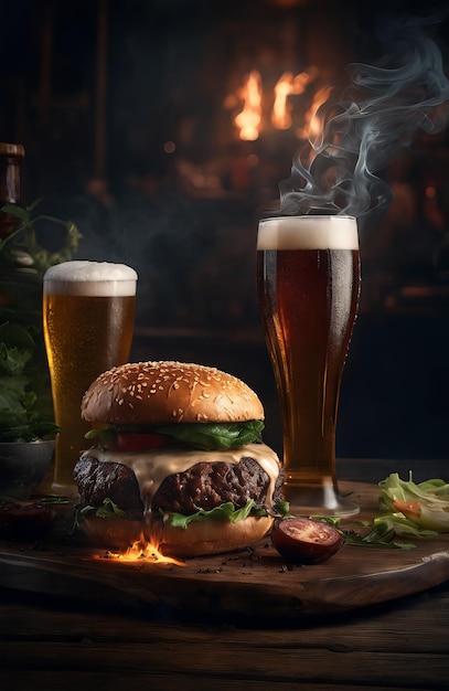 Hamburger on a wooden board with beer Generative AI