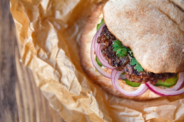 Hamburger on wooden board