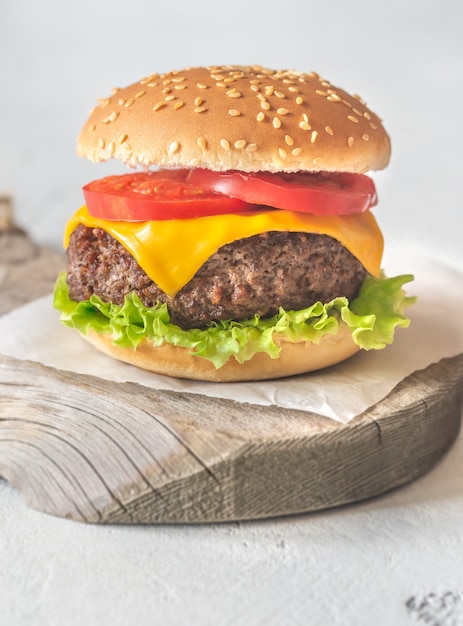 Hamburger on the wooden board