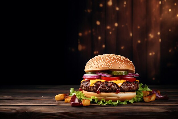 Hamburger on Wooden Table Background