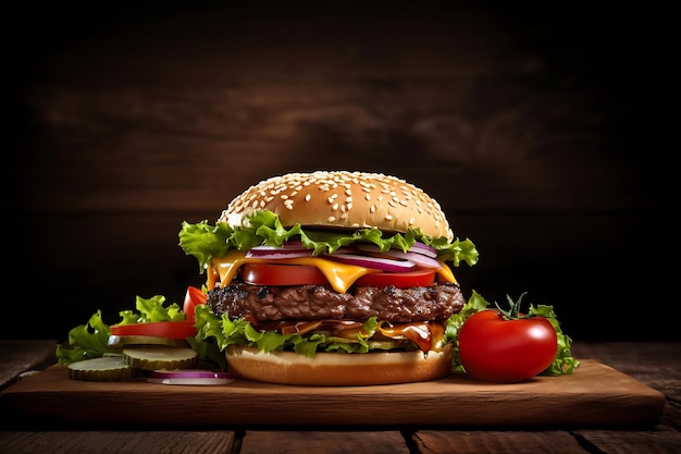 Hamburger on Wooden Table Background