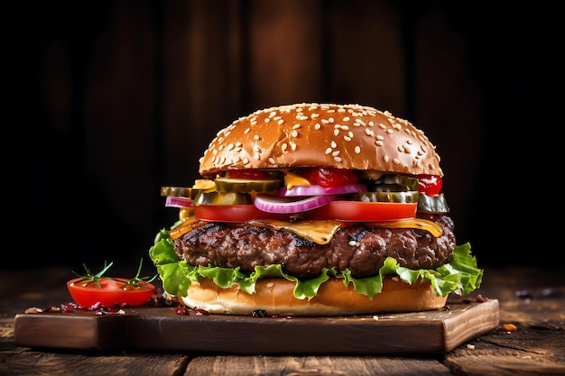 Hamburger on Wooden Table Background