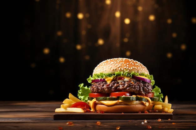 Hamburger on Wooden Table Background