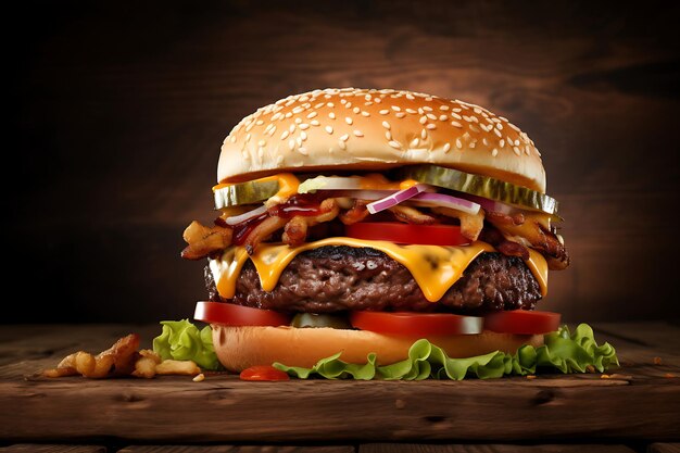 Hamburger on Wooden Table Background