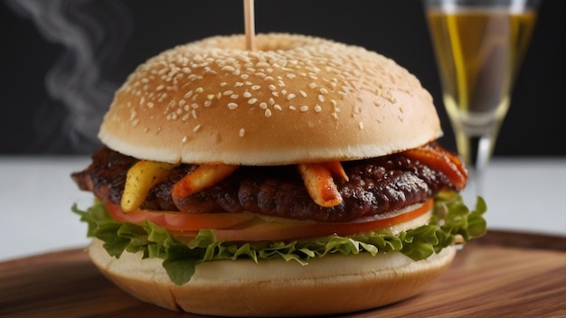 Гамбургер на деревянном столе HD 8K обои Фотографическое изображение