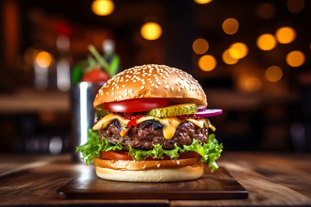 Hamburger on wooden table with blurred restaurant background