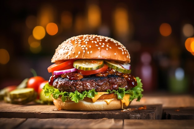Hamburger on Wooden Table with Blurred Restaurant Background