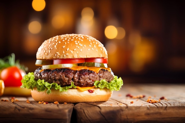 Hamburger on wooden table with blurred restaurant background