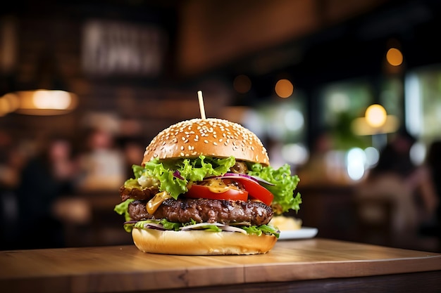 Foto hamburger su tavolo di legno con sfondo di ristorante sfocato